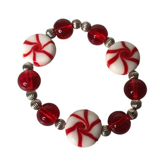Unbranded Jewelry - Candy Cane Beaded Stretch Bracelet Red White Festive Holiday Charm Jewelry